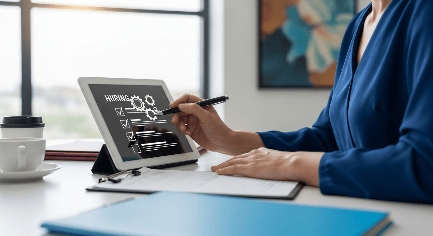 Clinic manager at desk reviewing telehealth setup checklist before hiring marketing help