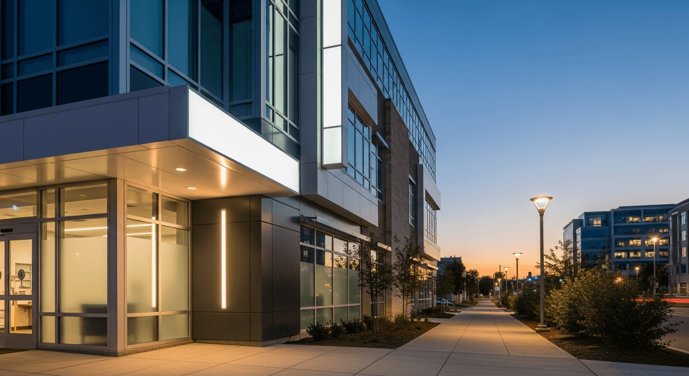 Urgent care entrance with illuminated signage for local search visibility