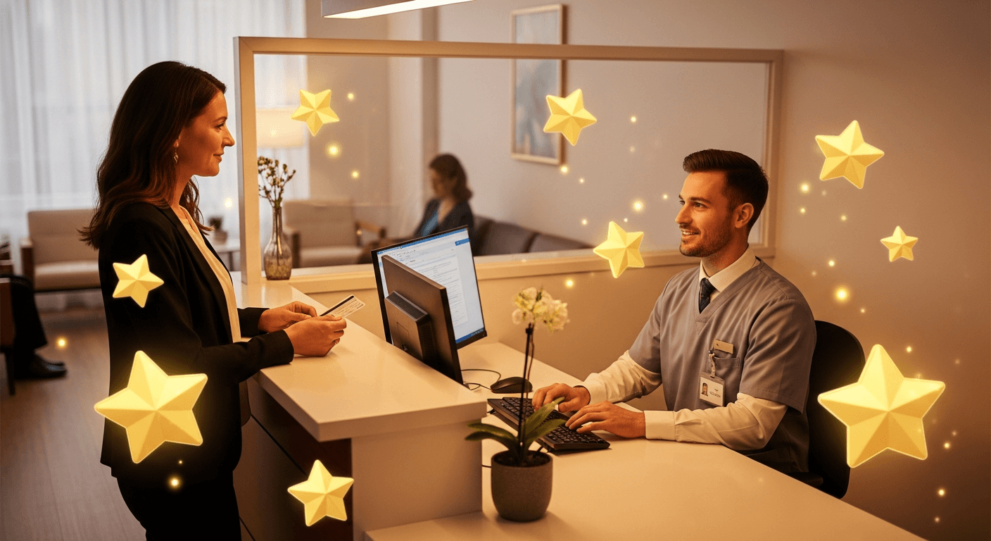 Patient review stars and front desk call flow concept for urgent care