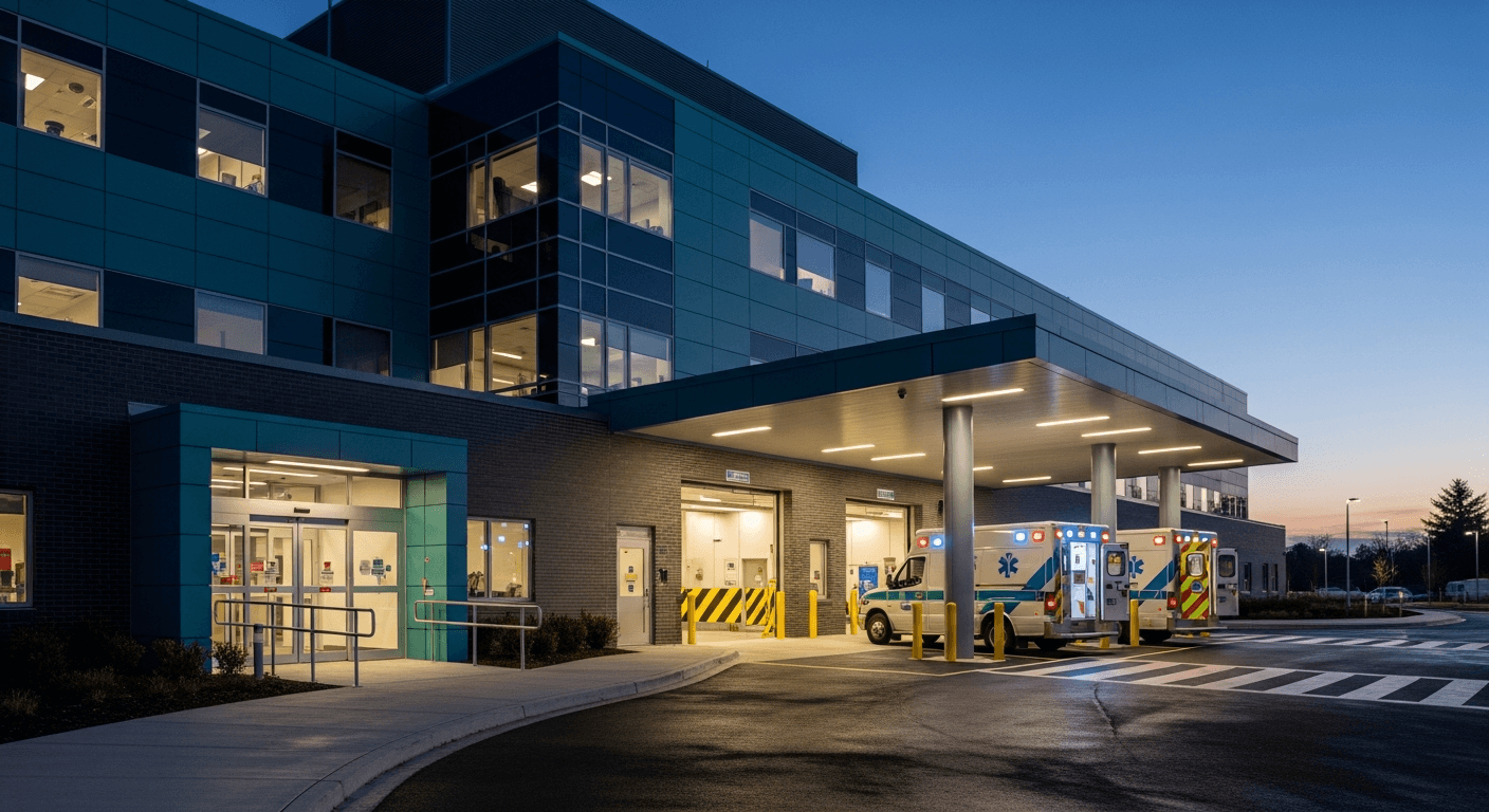 Hospital emergency entrance at dusk for severe same-day medical symptoms