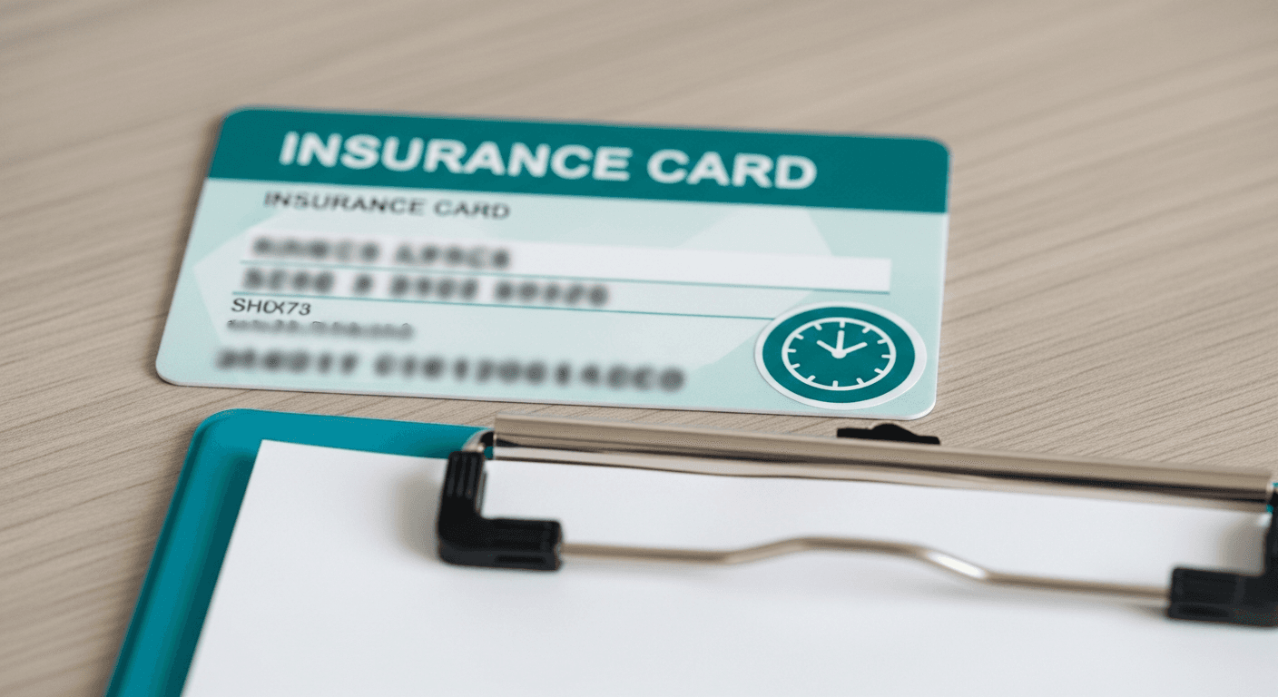 Insurance card and clock on a desk for checking urgent care versus ER coverage