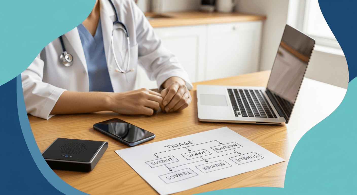 Patient at home with phone and laptop considering telehealth nurse line and urgent care