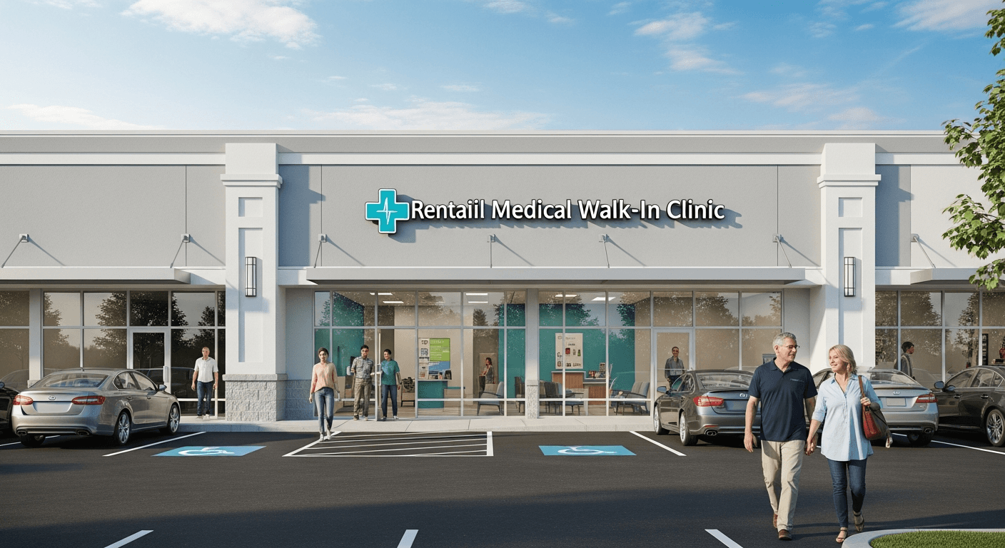 Exterior of a retail medical clinic with clear signage and a daytime parking lot, calm editorial scene