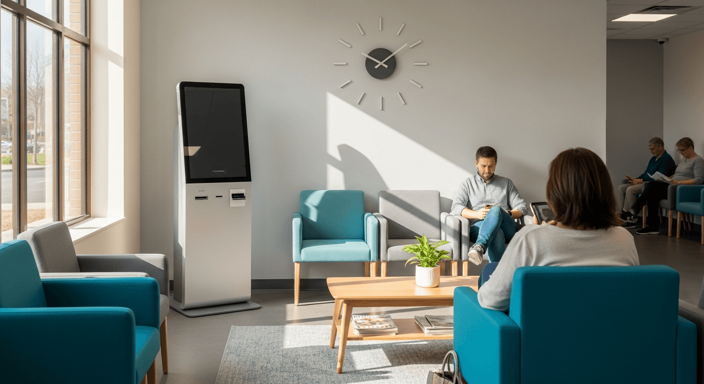 Waiting area with digital check-in kiosk and clock suggesting posted wait times at a clinic