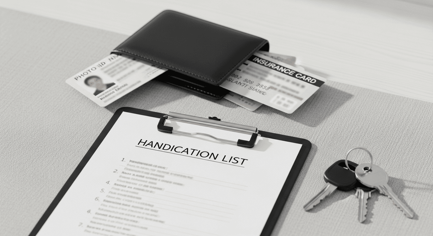 Wallet with insurance card, photo ID, and a handwritten medication list on a clipboard