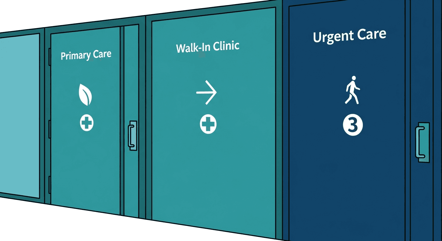 Diagram contrasting retail walk-in clinic, urgent care, and primary care office as three doors on one strip mall block