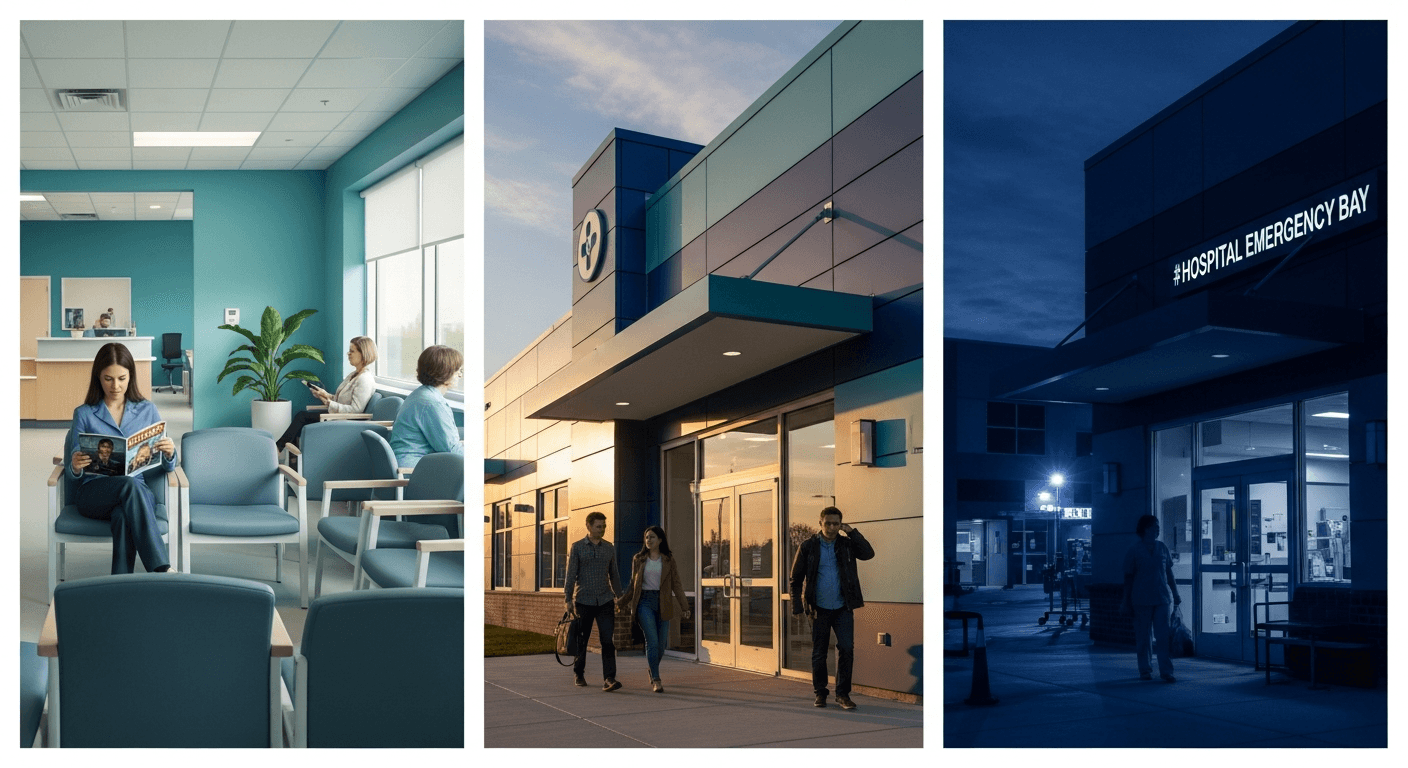 Split scene suggesting primary care office, urgent care entrance, and hospital emergency department exterior at night