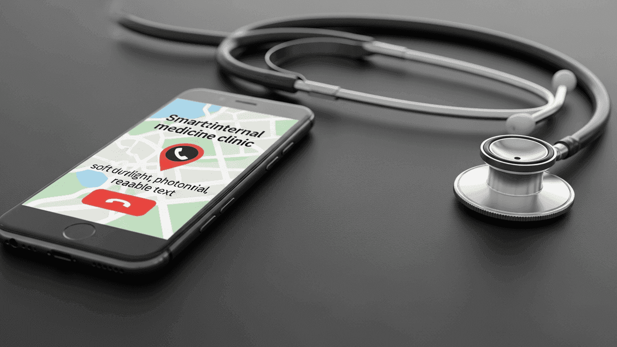 Smartphone showing a map pin and call button for an internal medicine clinic