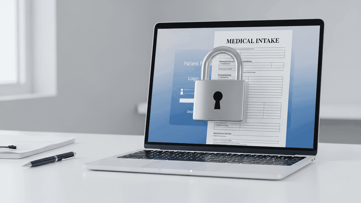 Padlock icon over a medical intake form on a laptop in a clinic