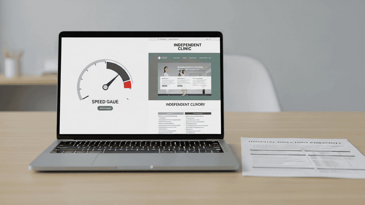 Laptop speed gauge beside schema markup for a medical clinic website