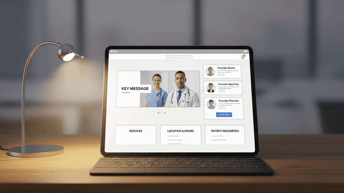 Wireframe of an internal medicine homepage with hours, providers, and booking