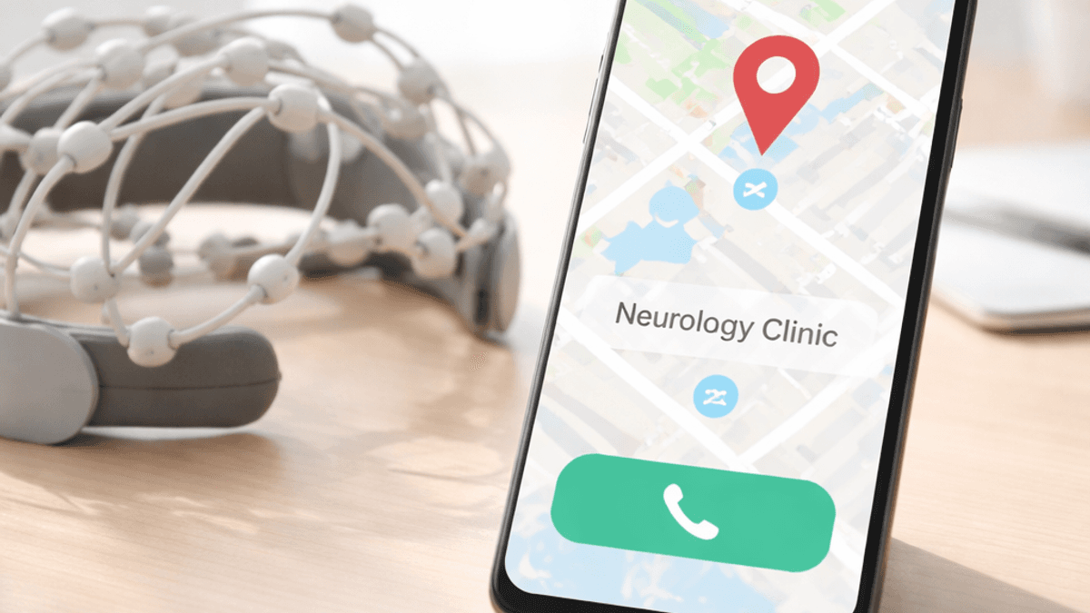 Smartphone showing a map pin and call button for a neurology clinic