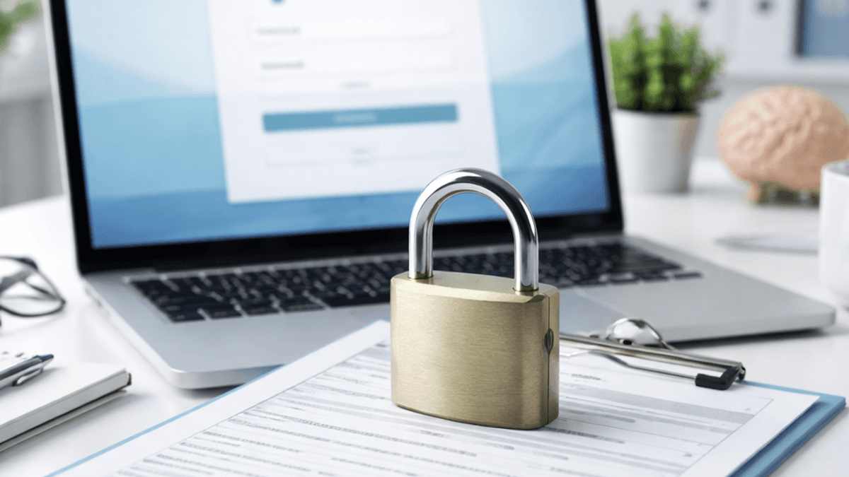 Padlock icon over a medical intake form on a laptop in a neurology clinic