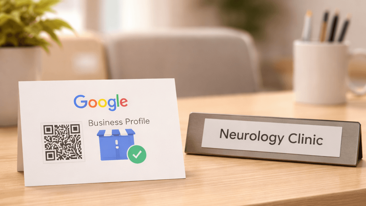 Google Business Profile verification postcard on a neurology clinic front desk