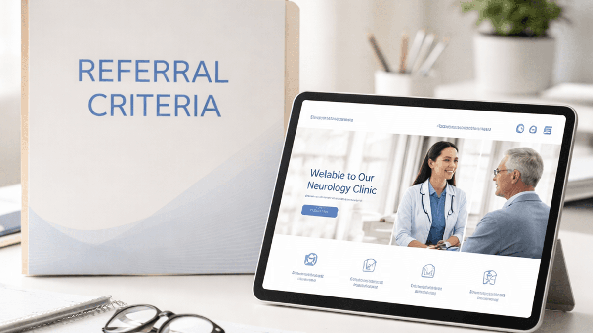 Referral criteria document beside a neurology clinic website on a tablet