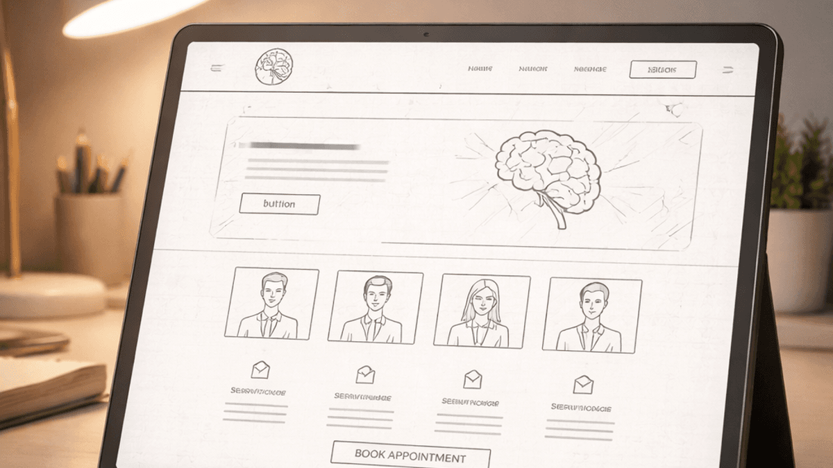 Wireframe of a neurology homepage with providers, service lines, and booking