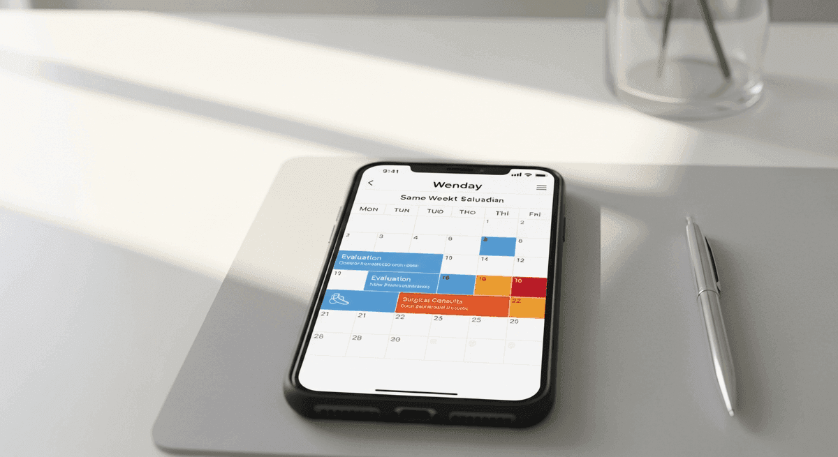 Mobile appointment booking screen with same-week eval and surgical consult slots highlighted
