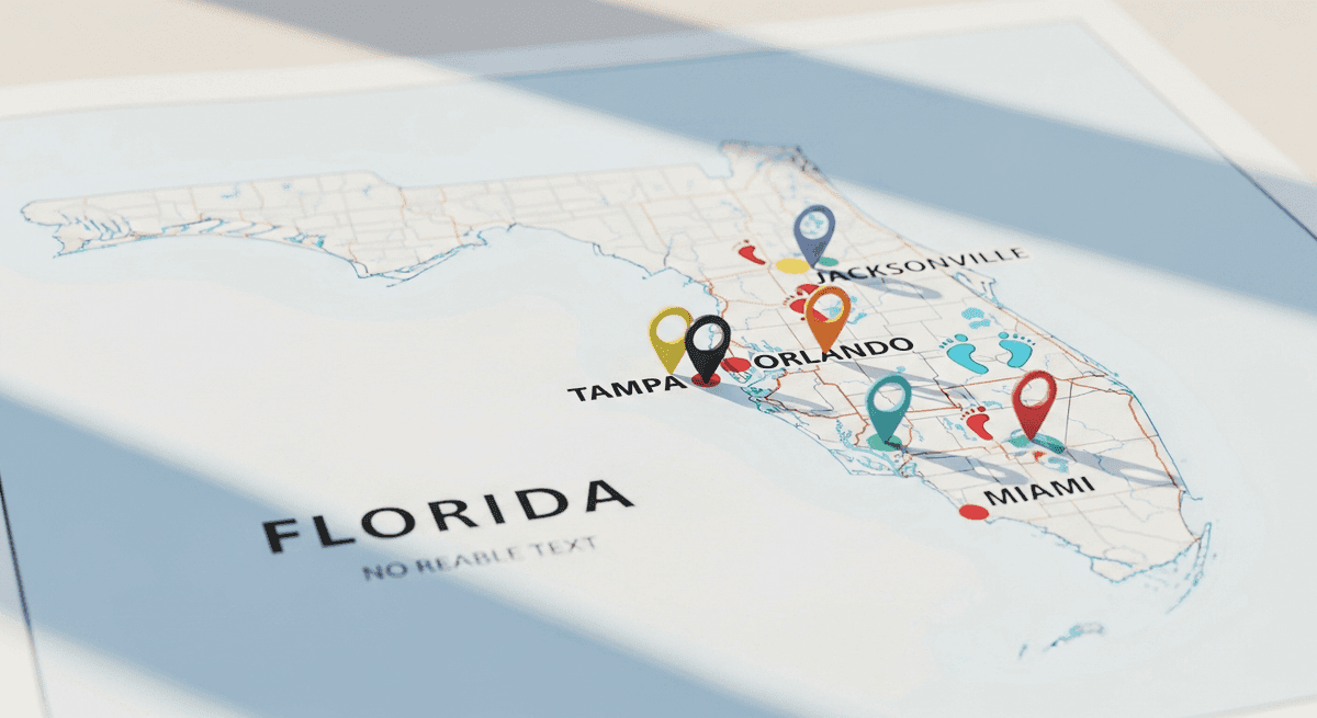 Florida map with podiatry clinic location pins in Miami Tampa Orlando and Jacksonville