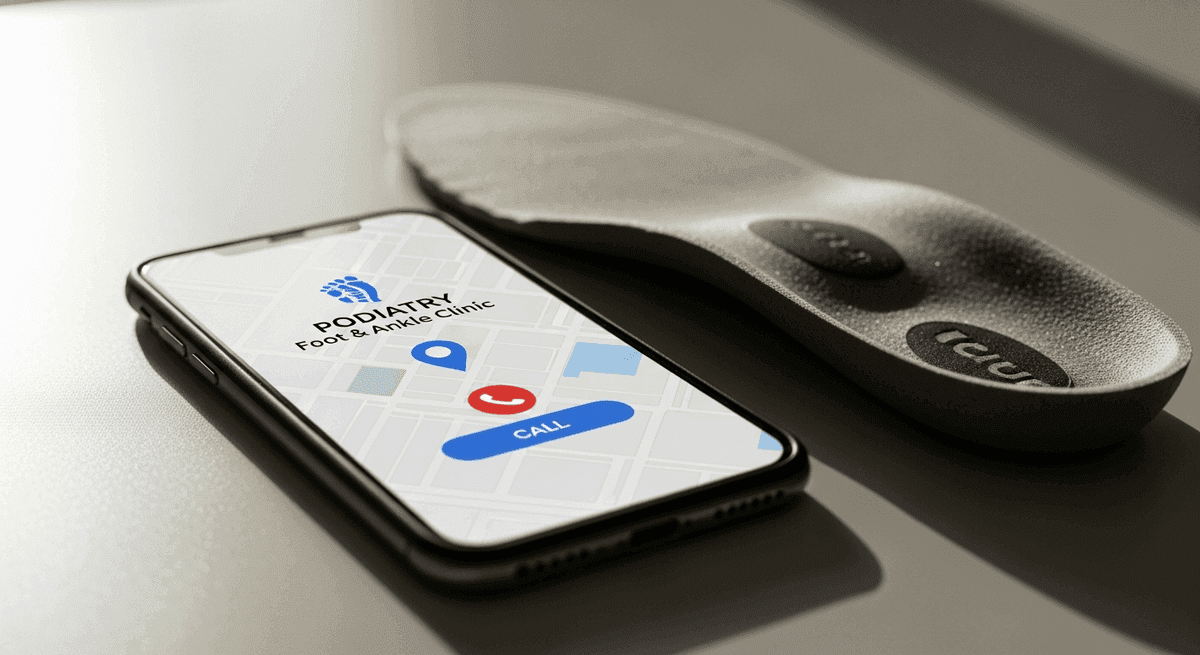 Smartphone showing a map pin and call button for a podiatry clinic