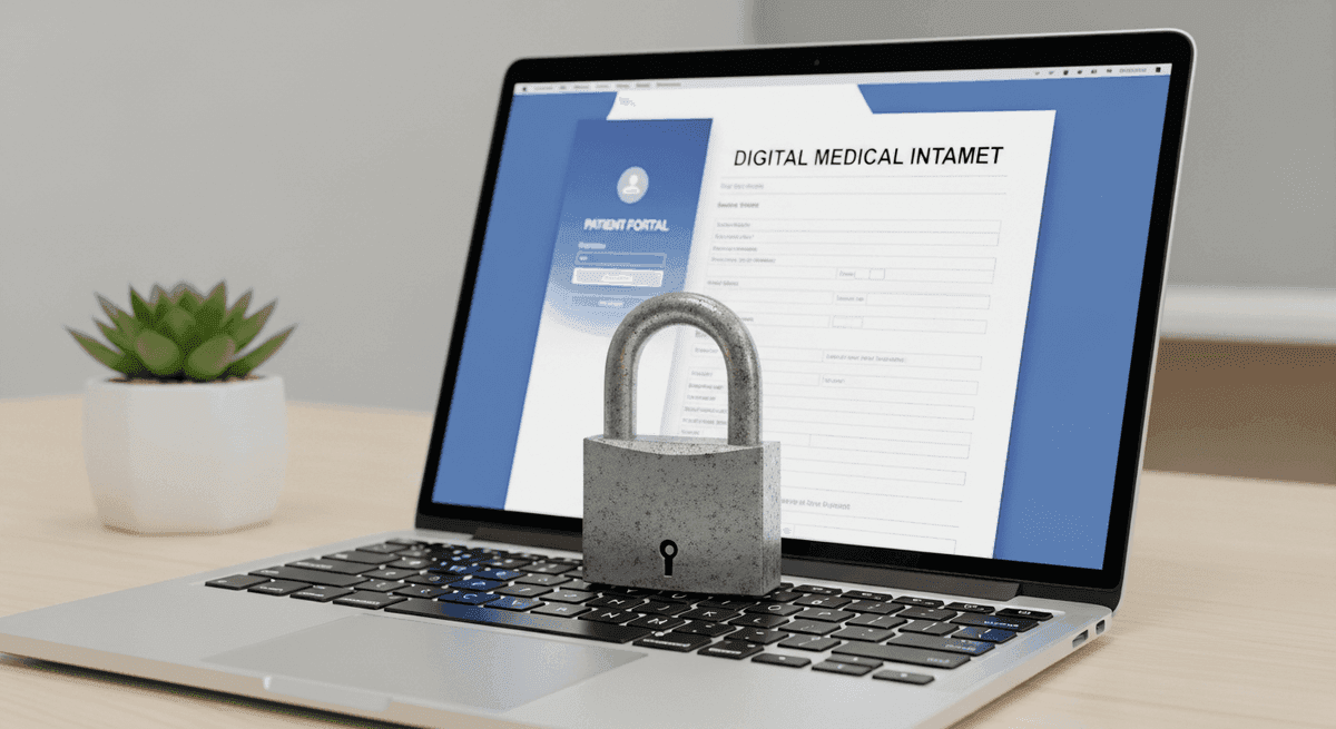 Padlock icon over a medical intake form on a laptop in a podiatry clinic