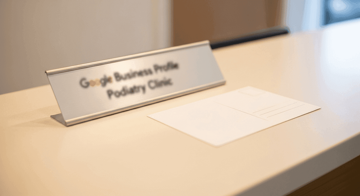 Google Business Profile verification postcard on a podiatry clinic front desk