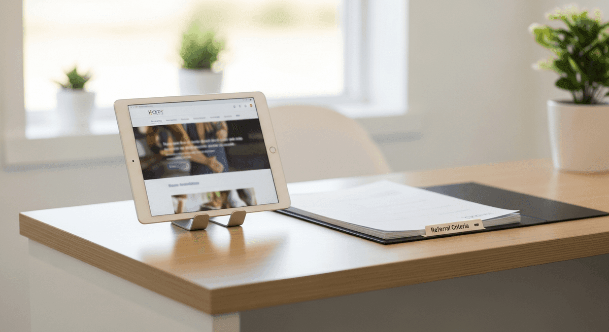 Referral criteria document beside a podiatry clinic website on a tablet