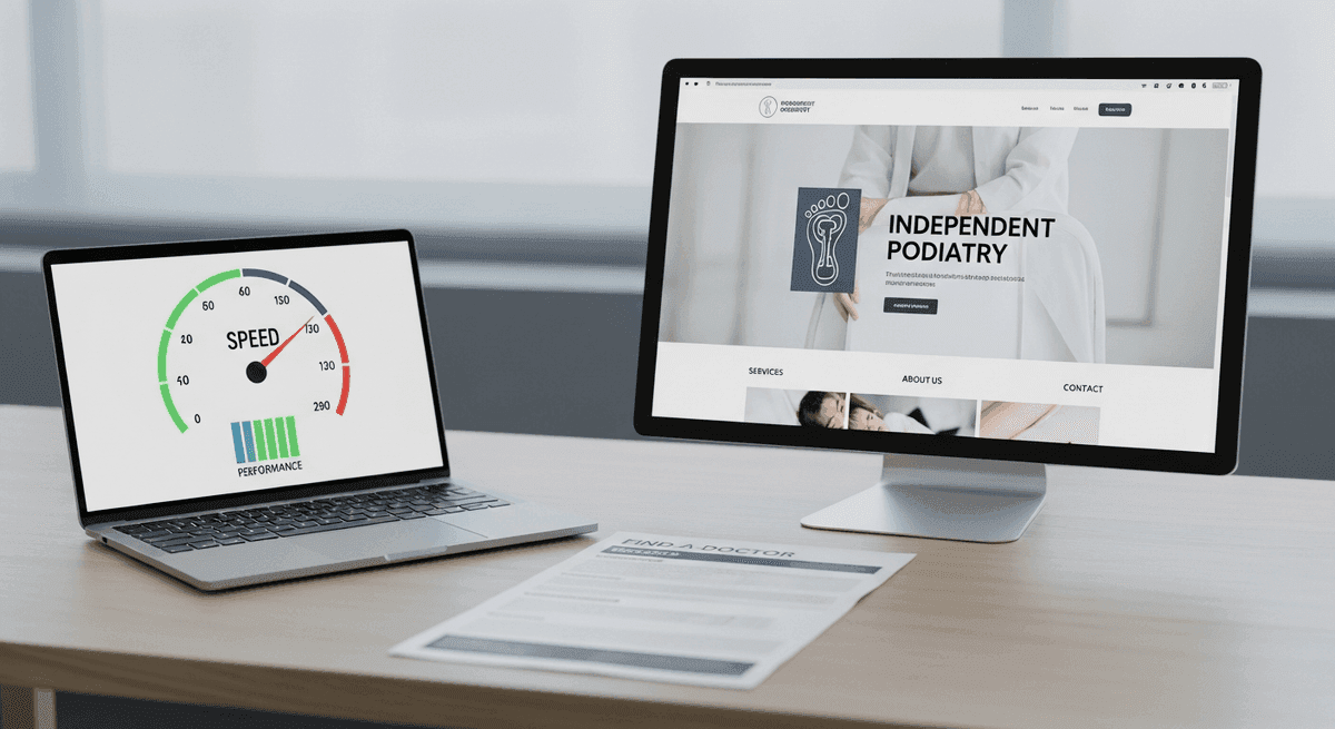 Laptop speed gauge beside hospital find-a-doctor directory and podiatry clinic website
