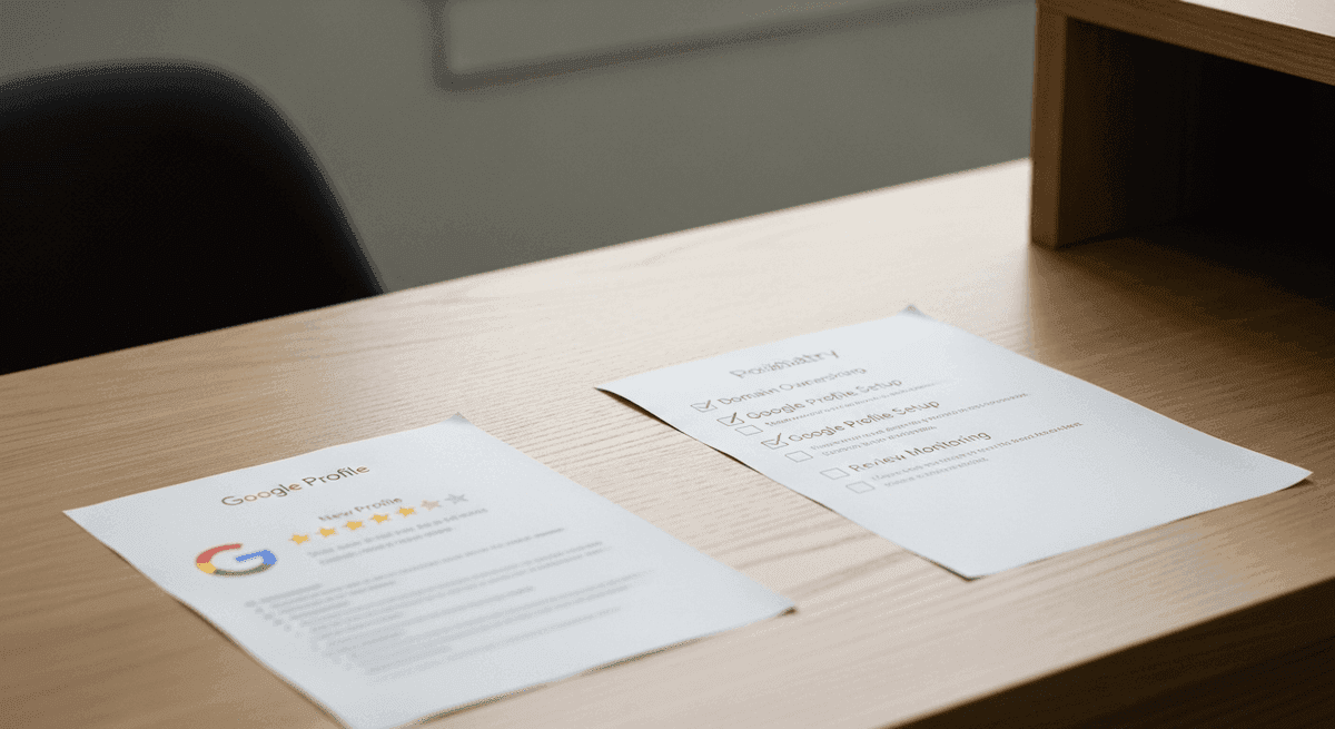 Checklist for domain ownership Google profile and review rating on a podiatry reception desk