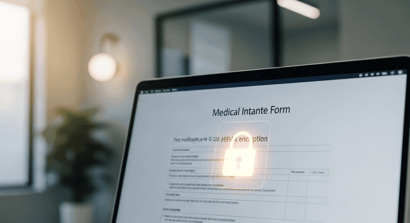 Padlock icon over a medical intake form on a laptop in a clinic