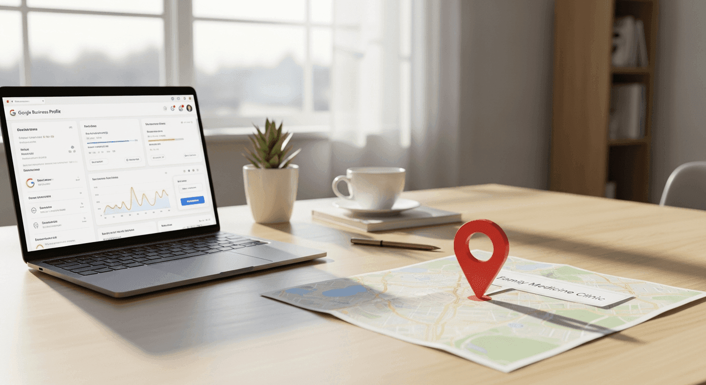 Map pin and Google Business Profile panel aligned with a family medicine clinic listing