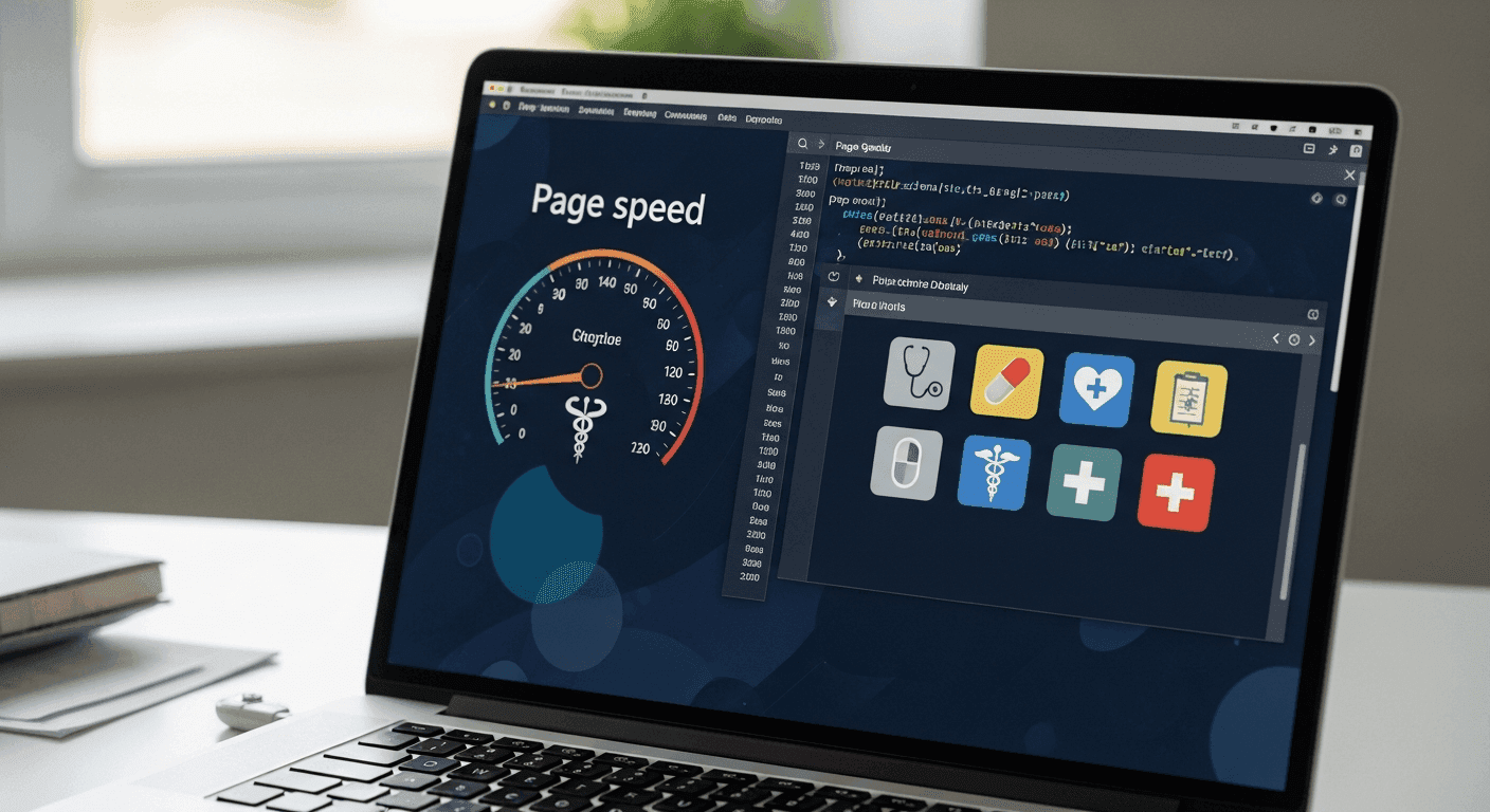 Laptop speed gauge beside a schema markup panel for a medical clinic