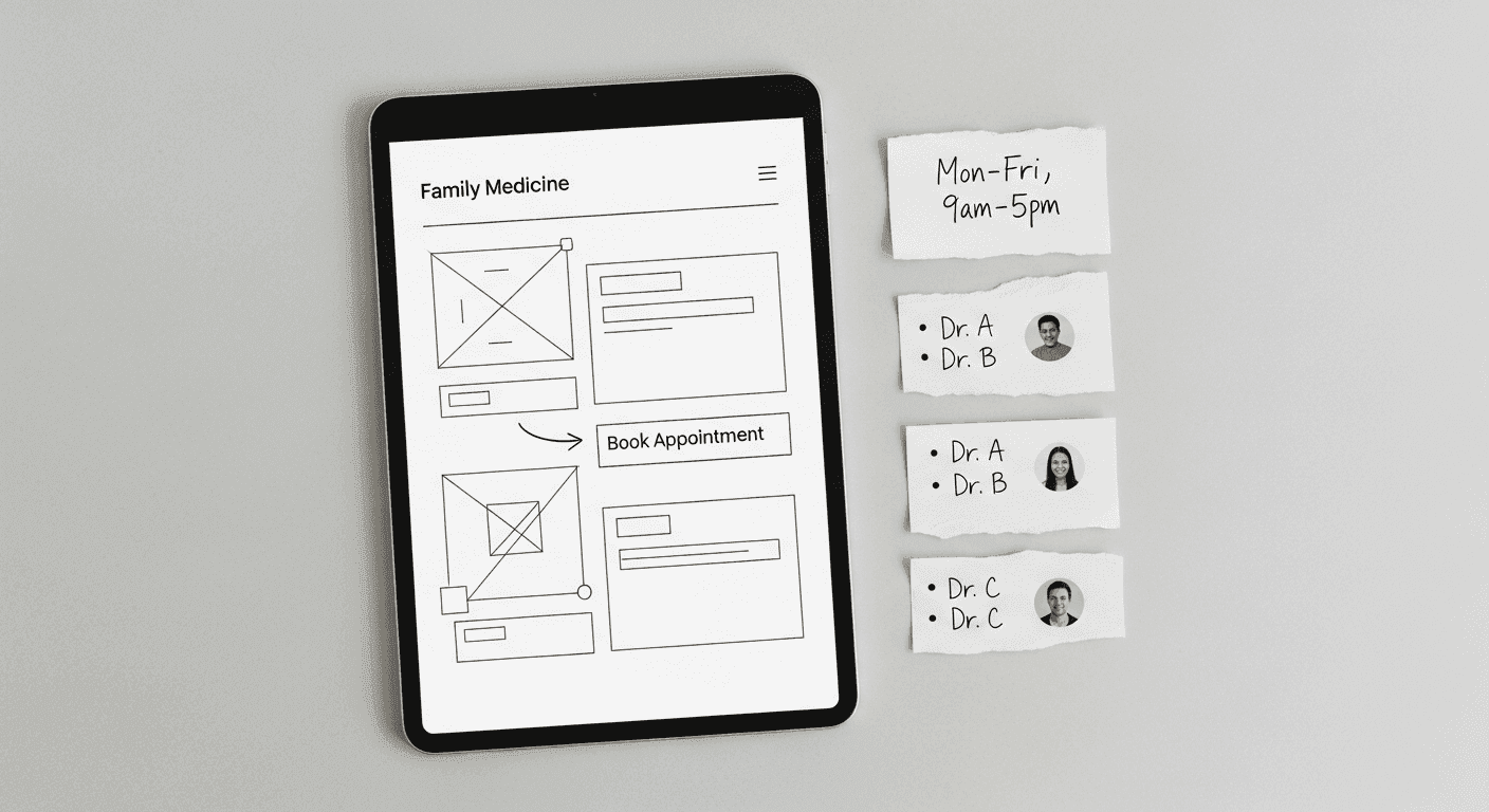 Wireframe of a family medicine homepage with hours, providers, and booking