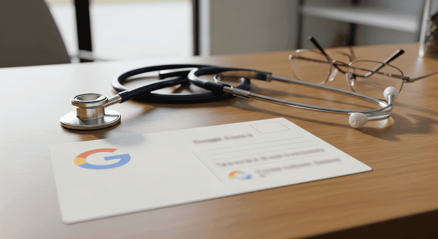 Google verification postcard on a clinic front desk beside a stethoscope