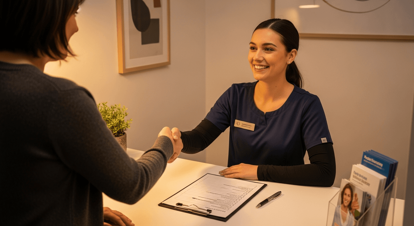 Clinic checkout counter suggesting operational fixes before review automation software