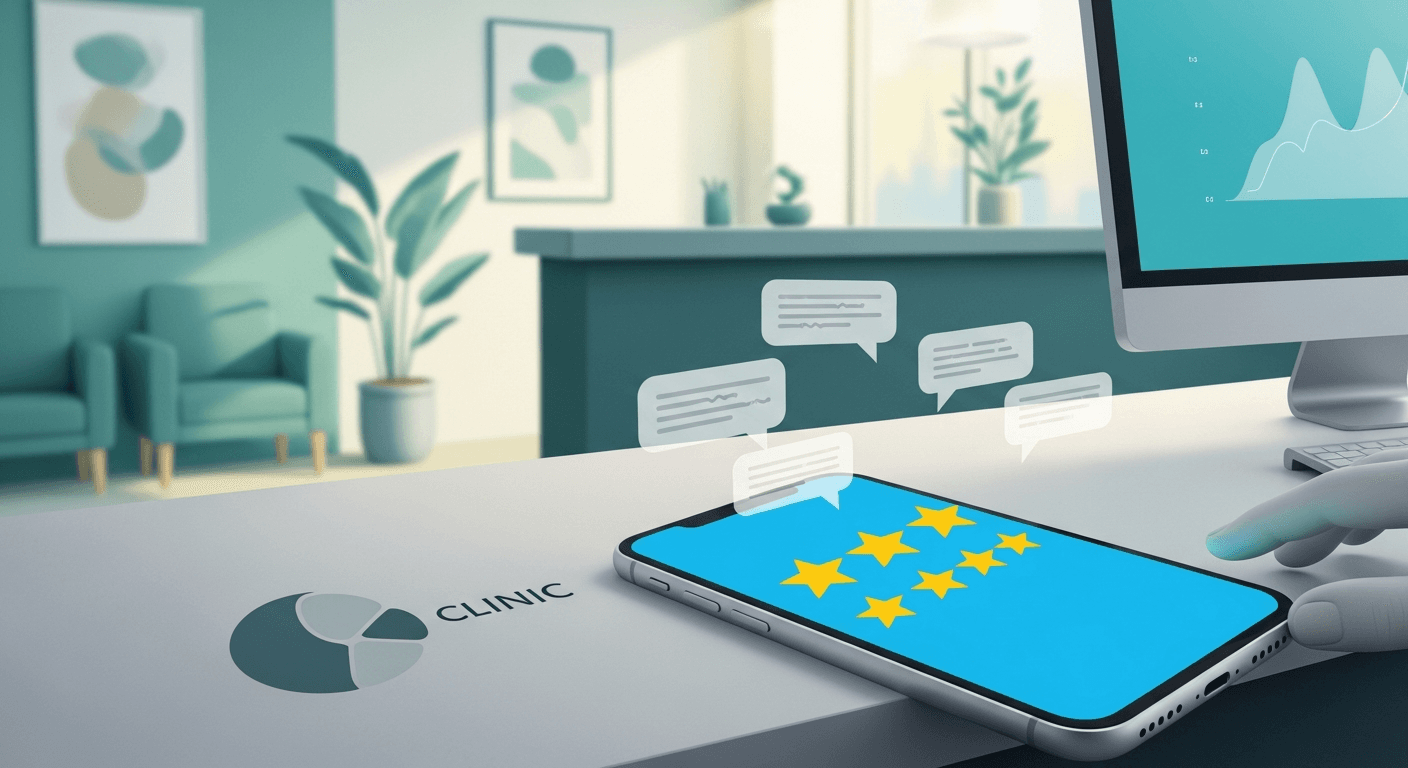 Small US medical clinic front desk with smartphone suggesting automated patient review generation