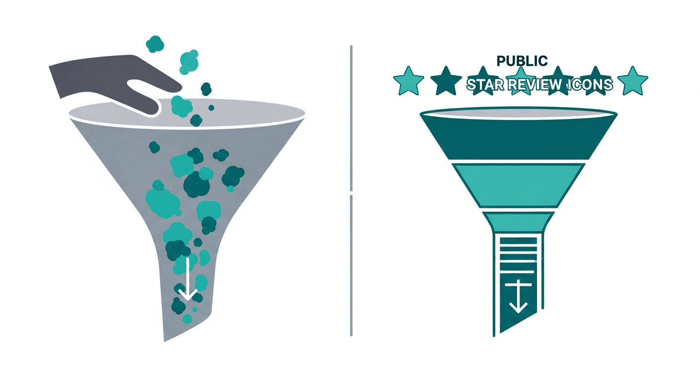 Funnel directing unhappy patient feedback privately before public Google reviews