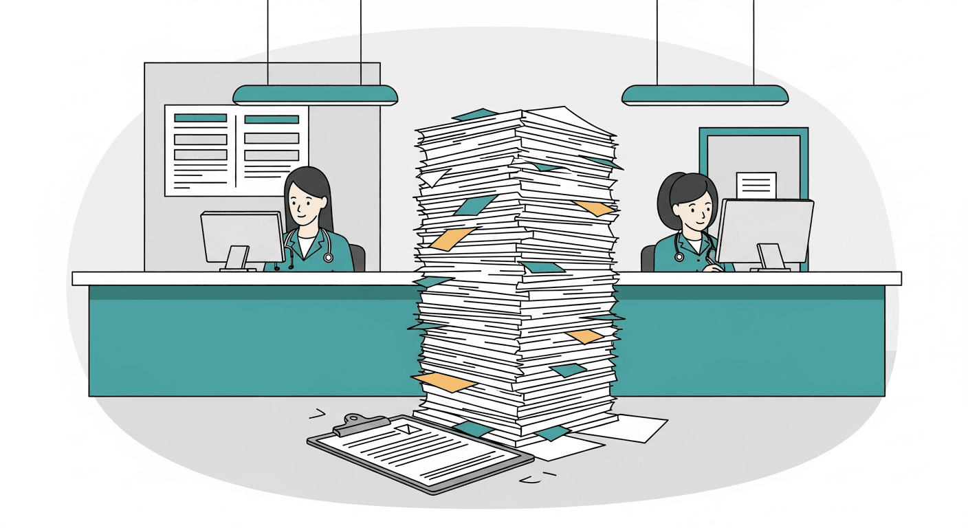 Busy clinic front desk with stacked tasks suggesting manual review requests failing at scale