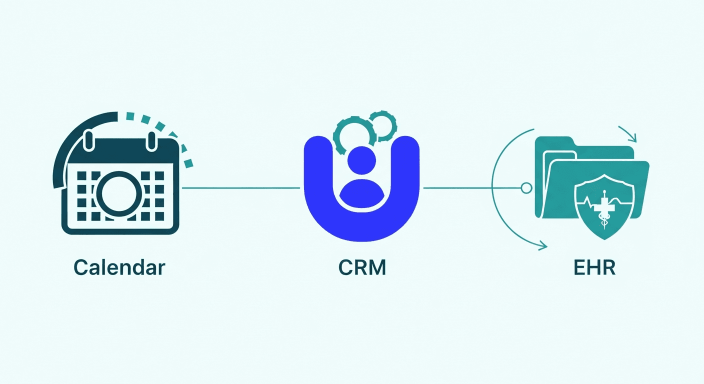 Connected calendar CRM and EHR icons suggesting review automation integration