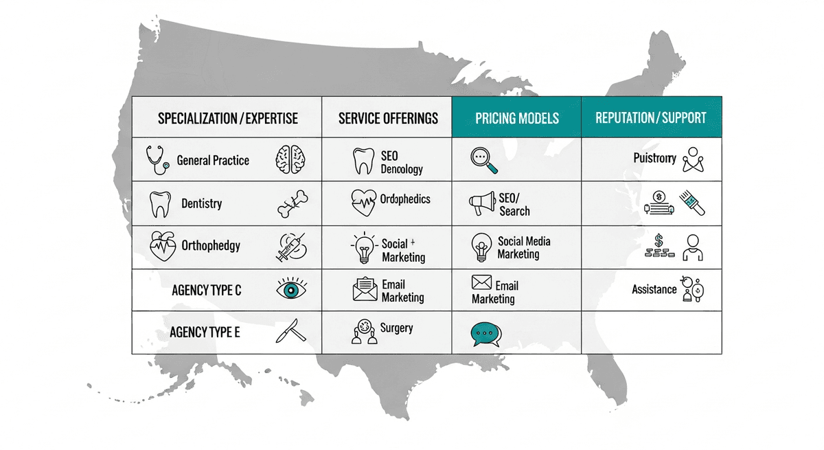 Comparison layout of healthcare marketing agency options for solo medical practices across the United States