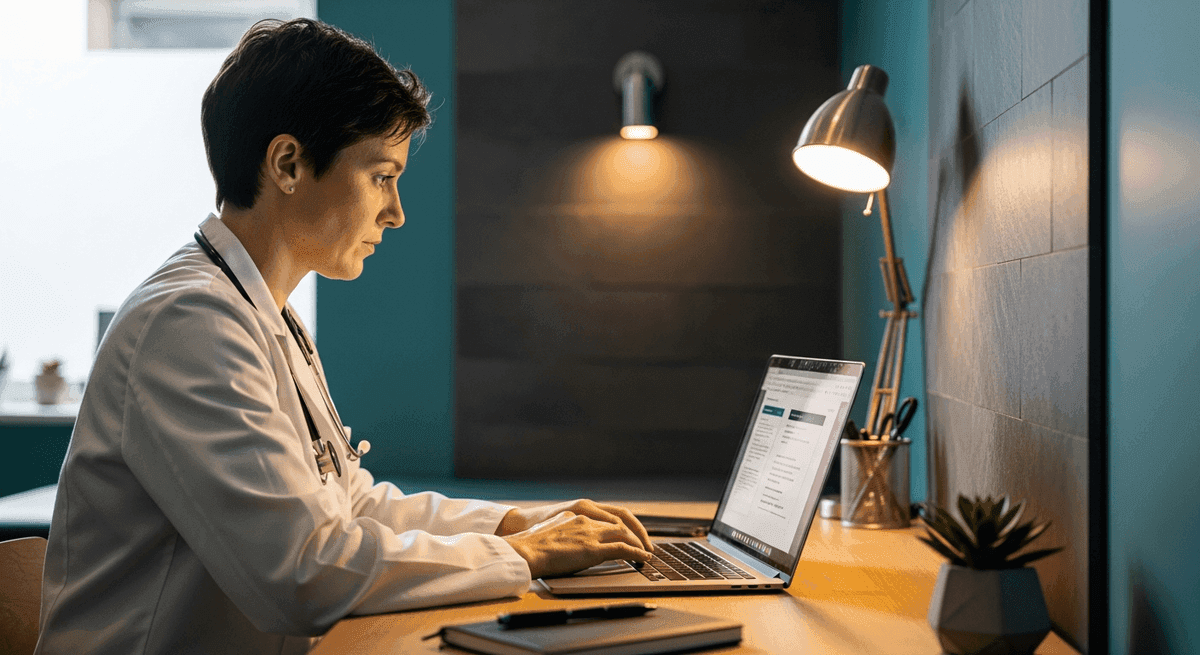 Solo physician at a small clinic desk reviewing healthcare marketing agency proposals beside a laptop