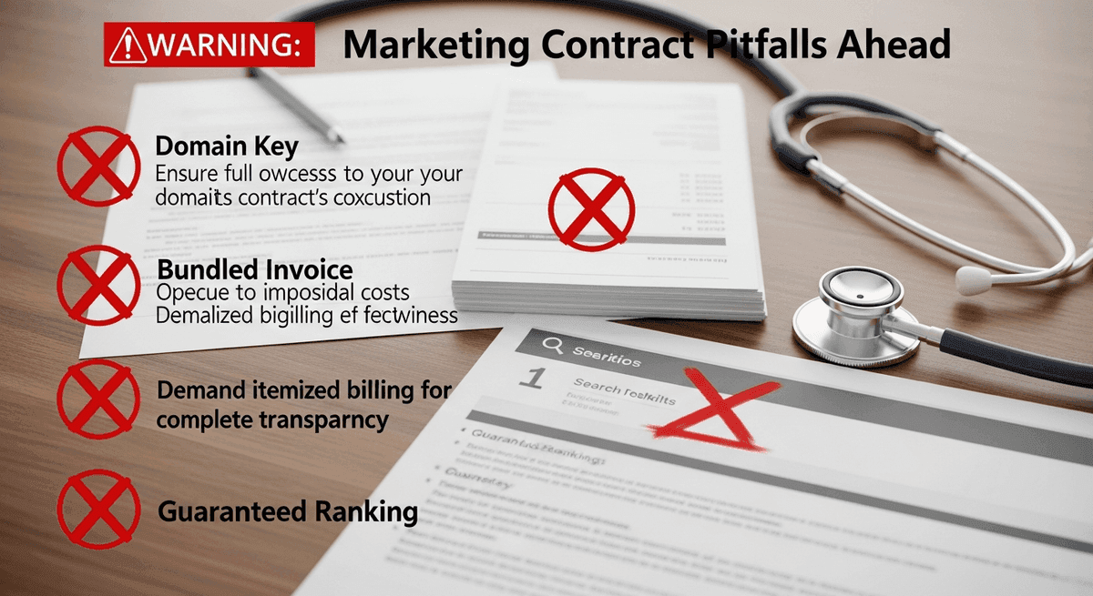 Warning signs on a healthcare marketing agency contract including domain ownership and bundled ad spend