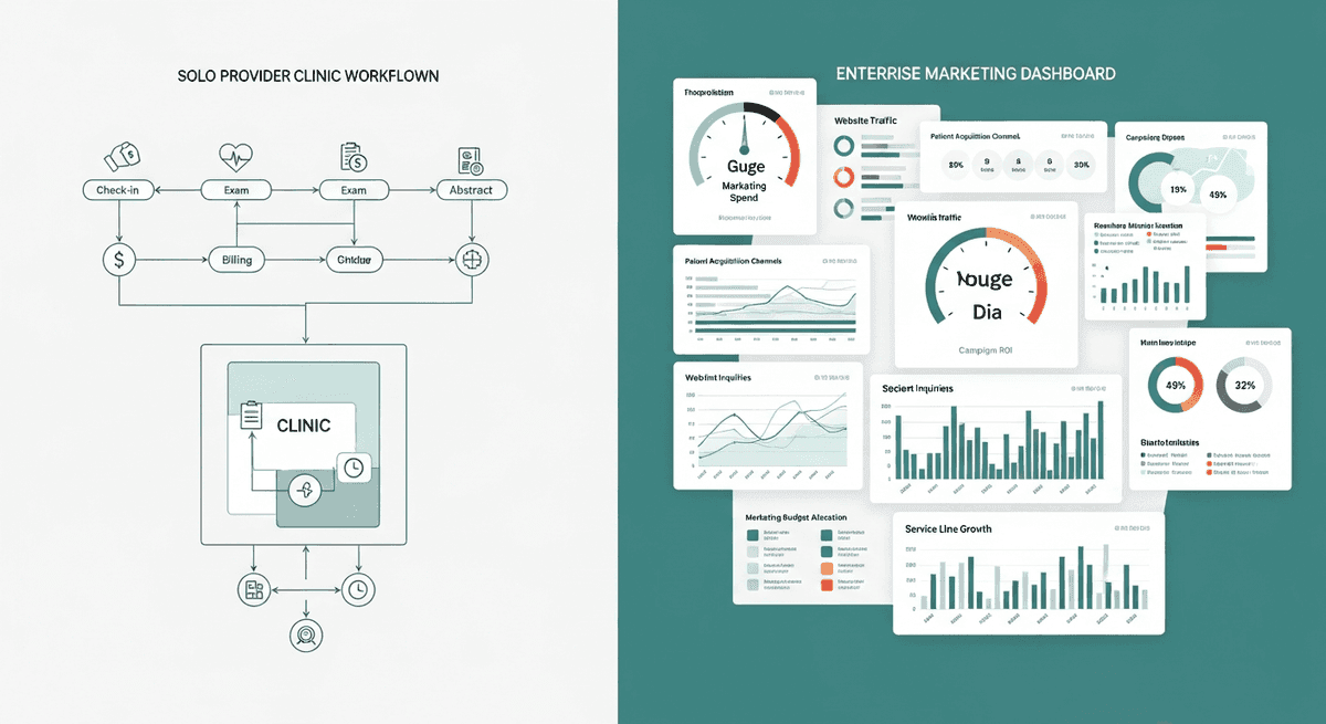 Single-provider clinic workflow diagram contrasting solo practice limits with enterprise marketing scope