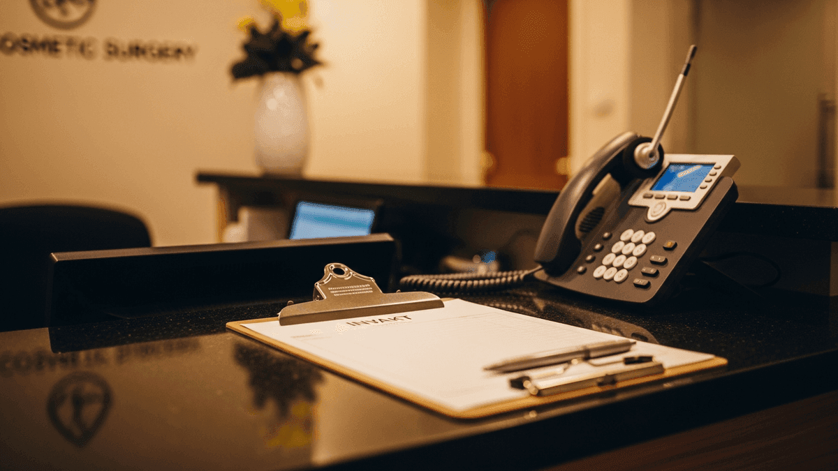 Consult intake clipboard and phone headset at busy cosmetic surgery front desk