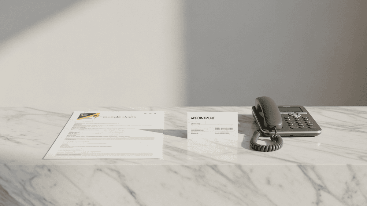 Google Maps listing printout beside cosmetic surgery clinic phone and appointment card on reception counter