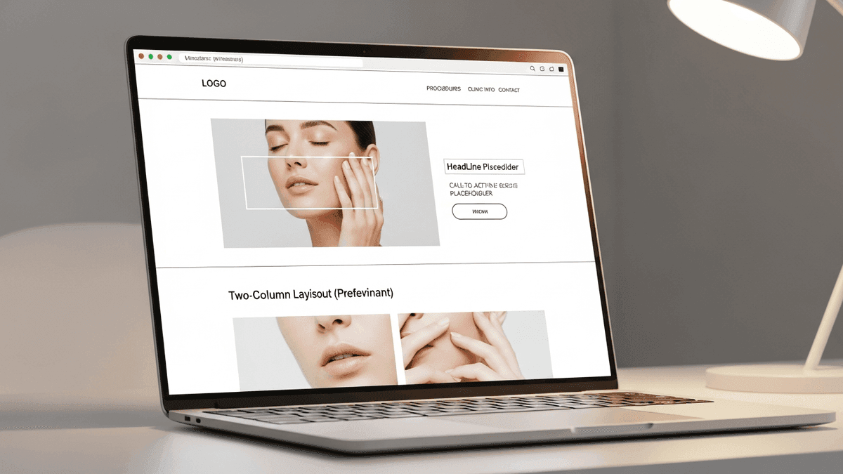 Website wireframe sketch for cosmetic procedure pages on laptop at aesthetic clinic desk