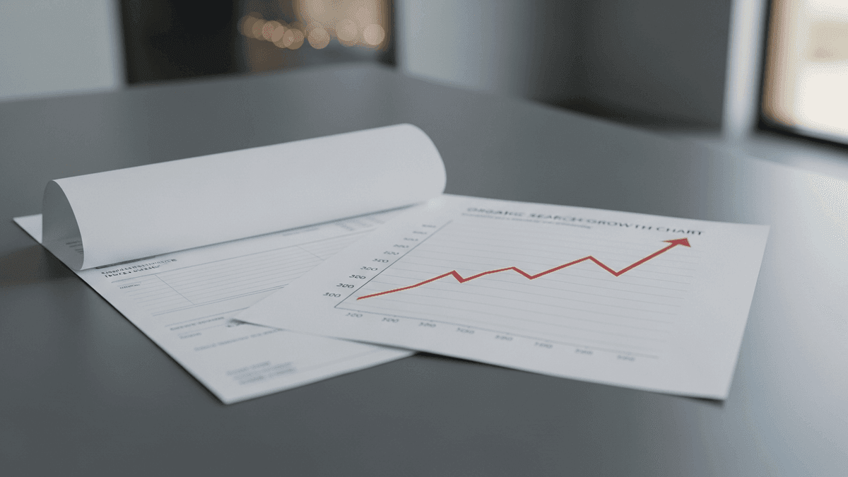 Separate paid advertising invoice and organic search growth chart printouts on cosmetic surgery office desk