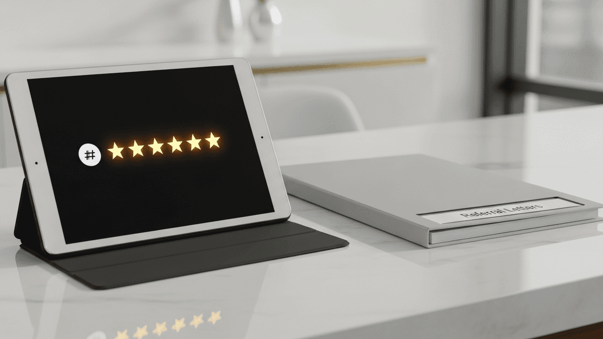 Star rating notification on tablet beside referral letter folder at aesthetic surgery front desk