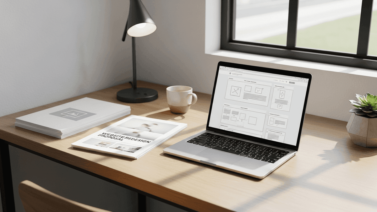 Solo physician reviewing freelance healthcare website designer proposals at a clinic desk beside a laptop showing medical practice site wireframes