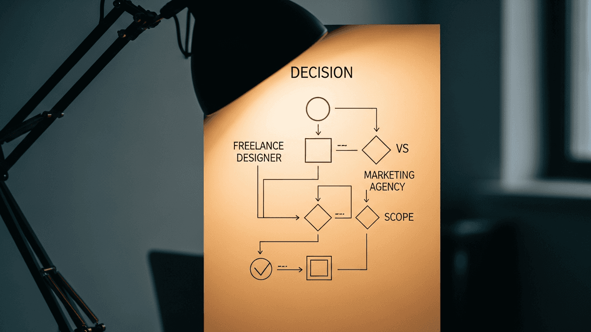 Decision flow comparing freelance healthcare website designer scope against full agency marketing retainers for solo clinics