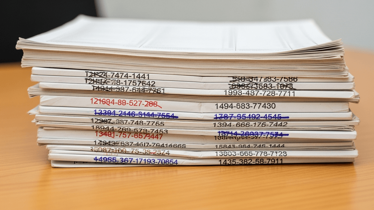 Stack of outdated directory listings with crossed-out phone numbers on a physician office desk